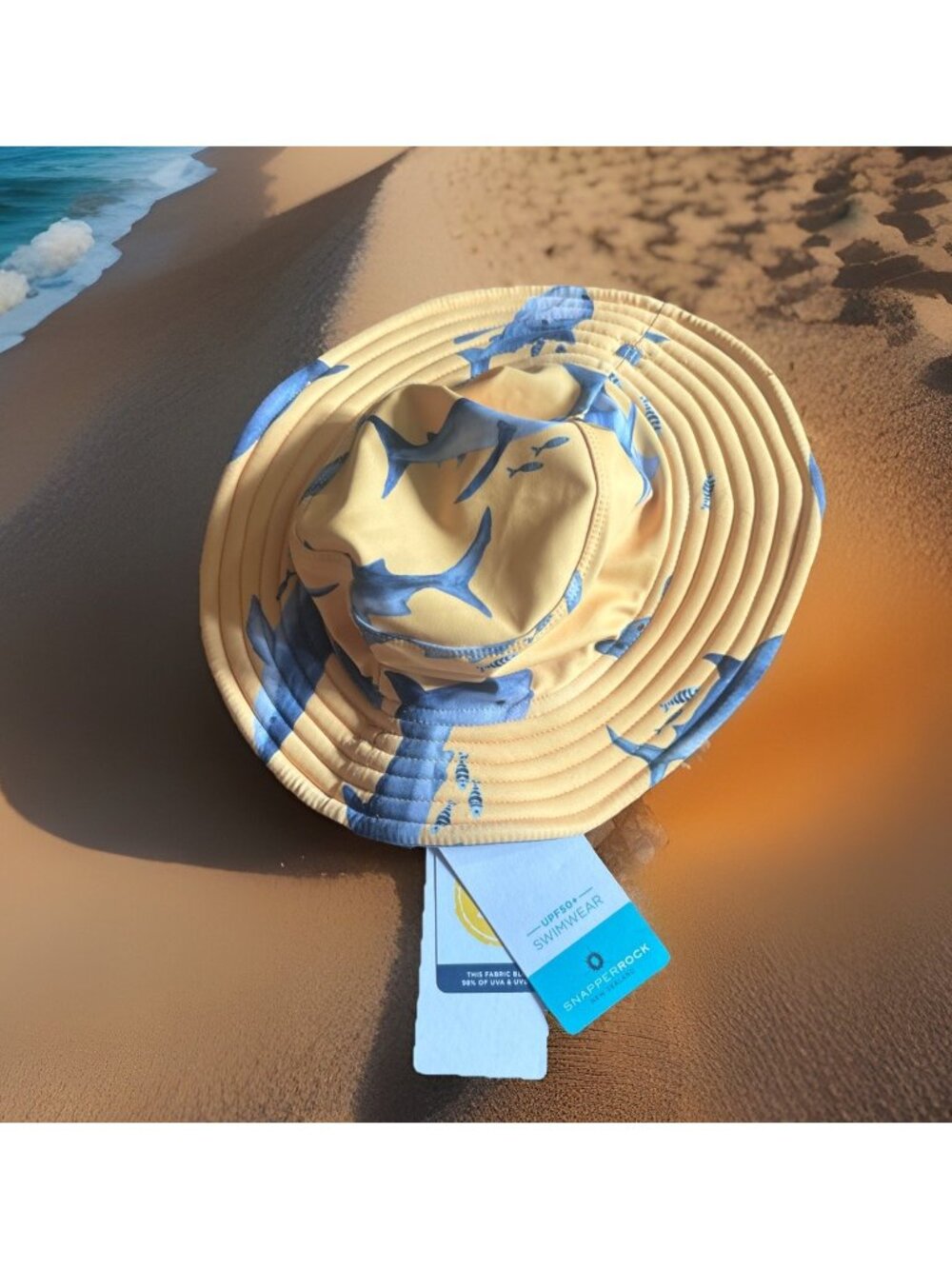 Snapperrock Newzeland  Kids SPF 50+ Yellow Bucket Hat  Shark & Fish reversible